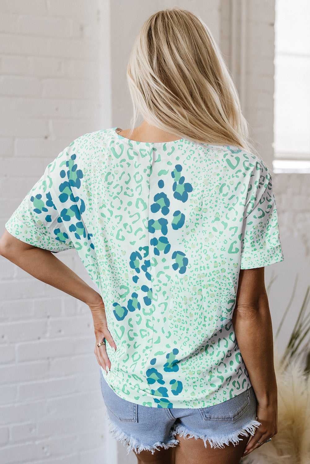 Pink Mixed Leopard Print V Neck Short Sleeve Blouse