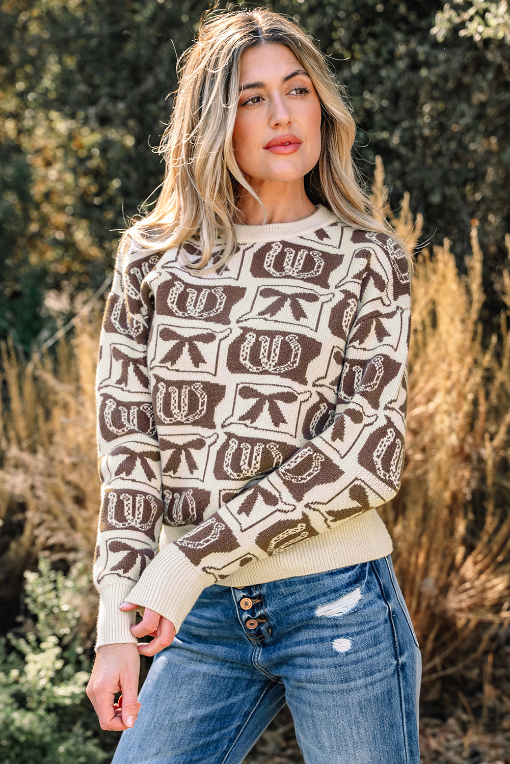 Pink Bows & Horseshoes Pattern Western Fashion Print Sweater