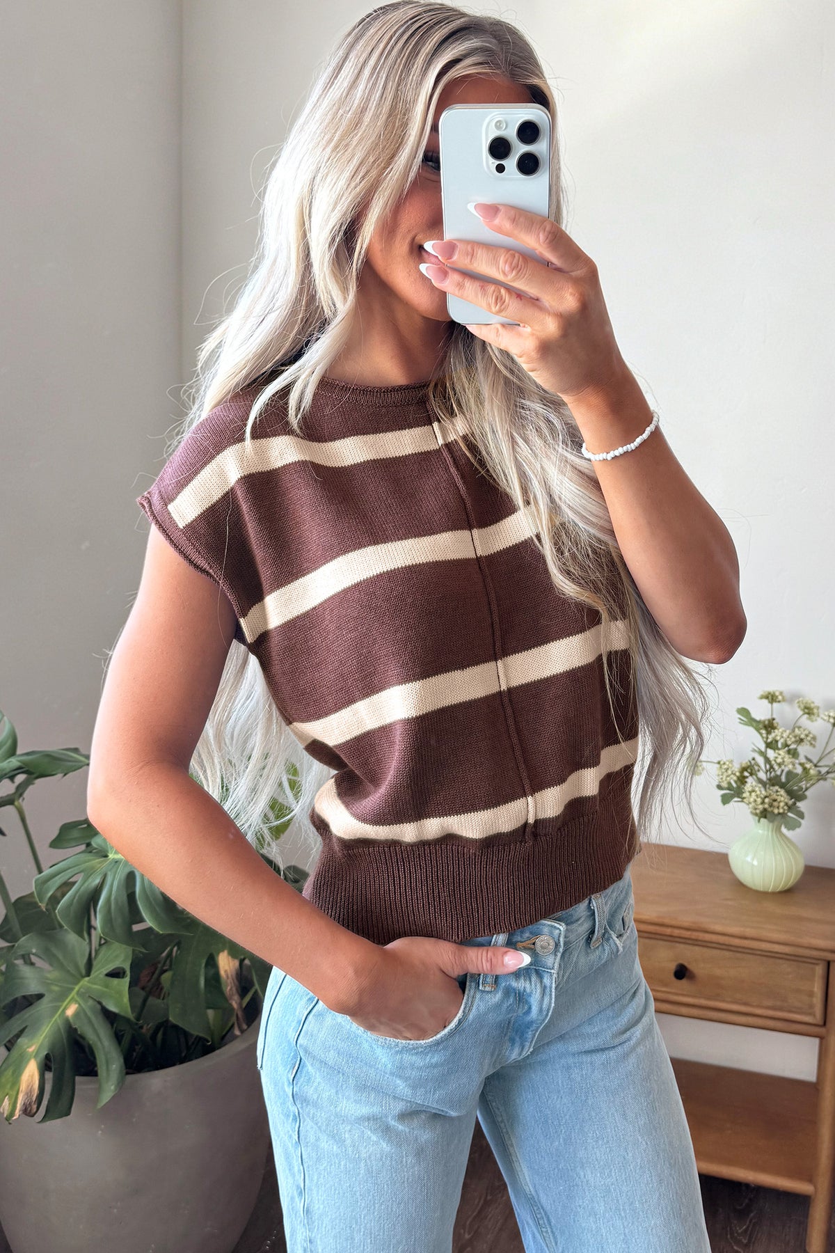 White Stripe Knit Western Short Sleeve Sweater