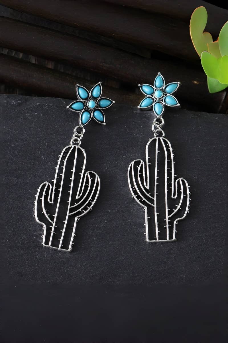 Bohemian Western Earrings: Turquoise Flower & Openwork Cacti