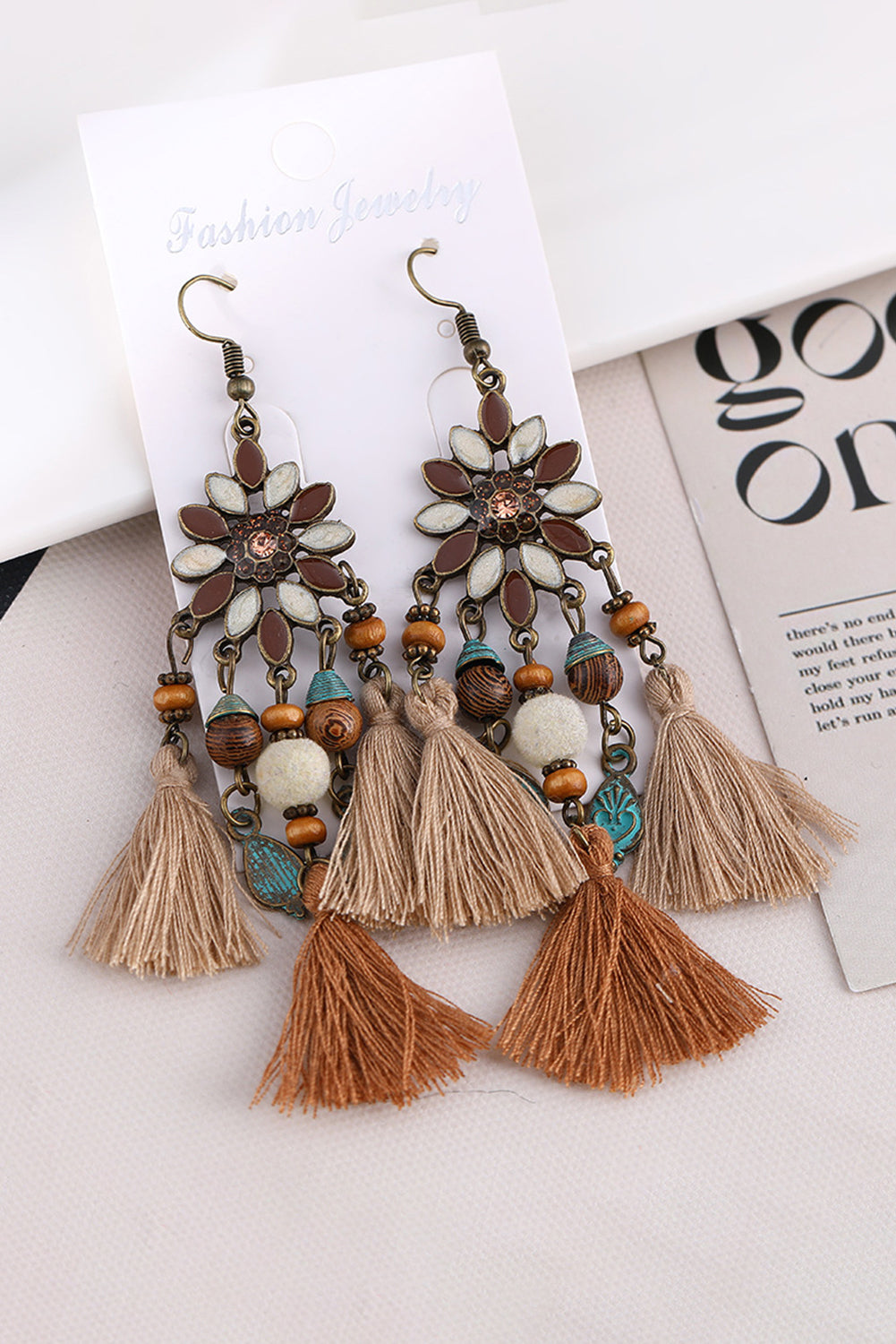 Chestnut Boho Bead Tassel Dangle Earrings