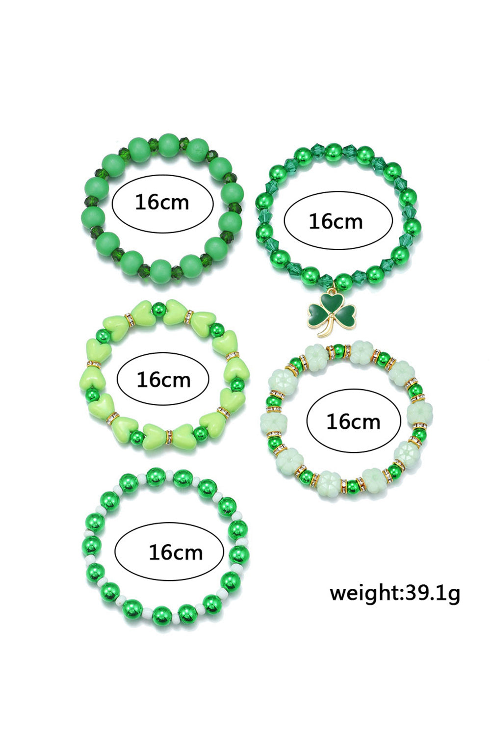 Green Clover Pendant Beaded 5pcs Bracelet Set