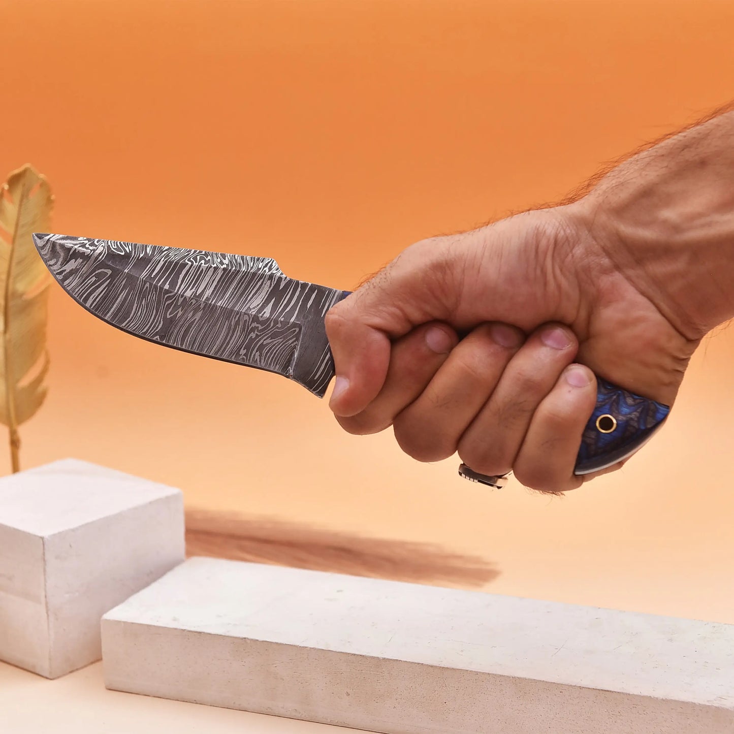 9.5' Grooved handle Damascus knife with leather sheath