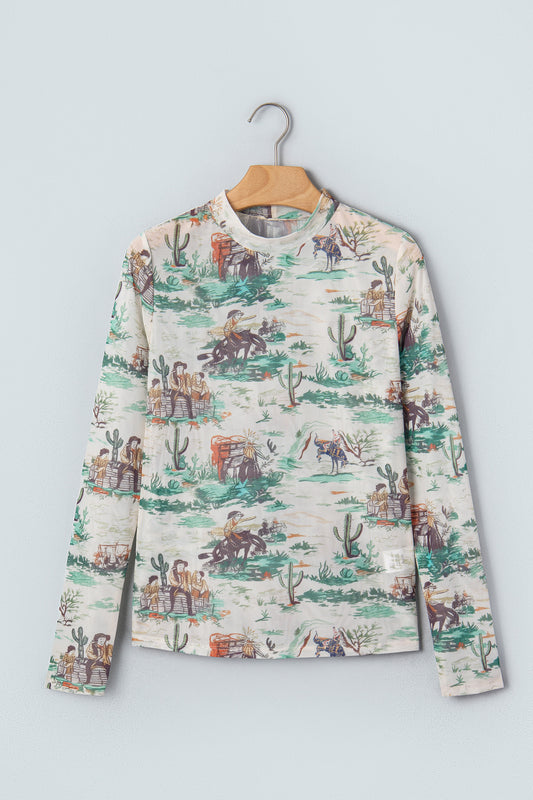 Green Western Print Long Sleeve Round Neck Slim Top