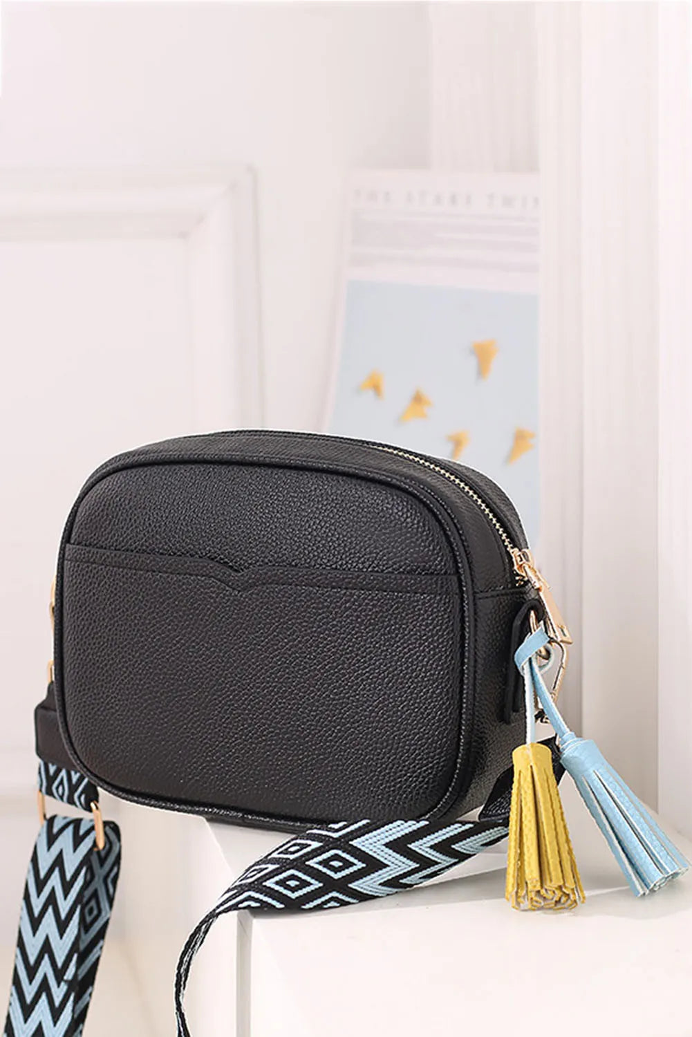 Black Geometric Print Strap Tassel Shoulder Bag