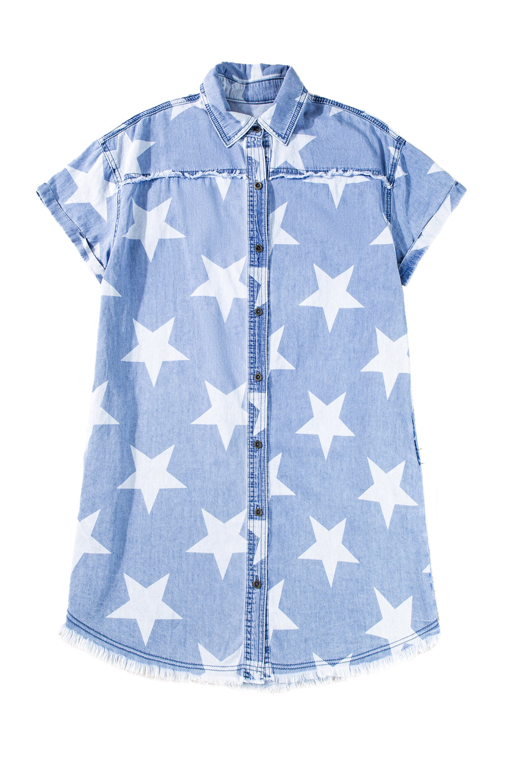 Sky Blue Stars Frayed Hem Collared Short Sleeve Denim Dress