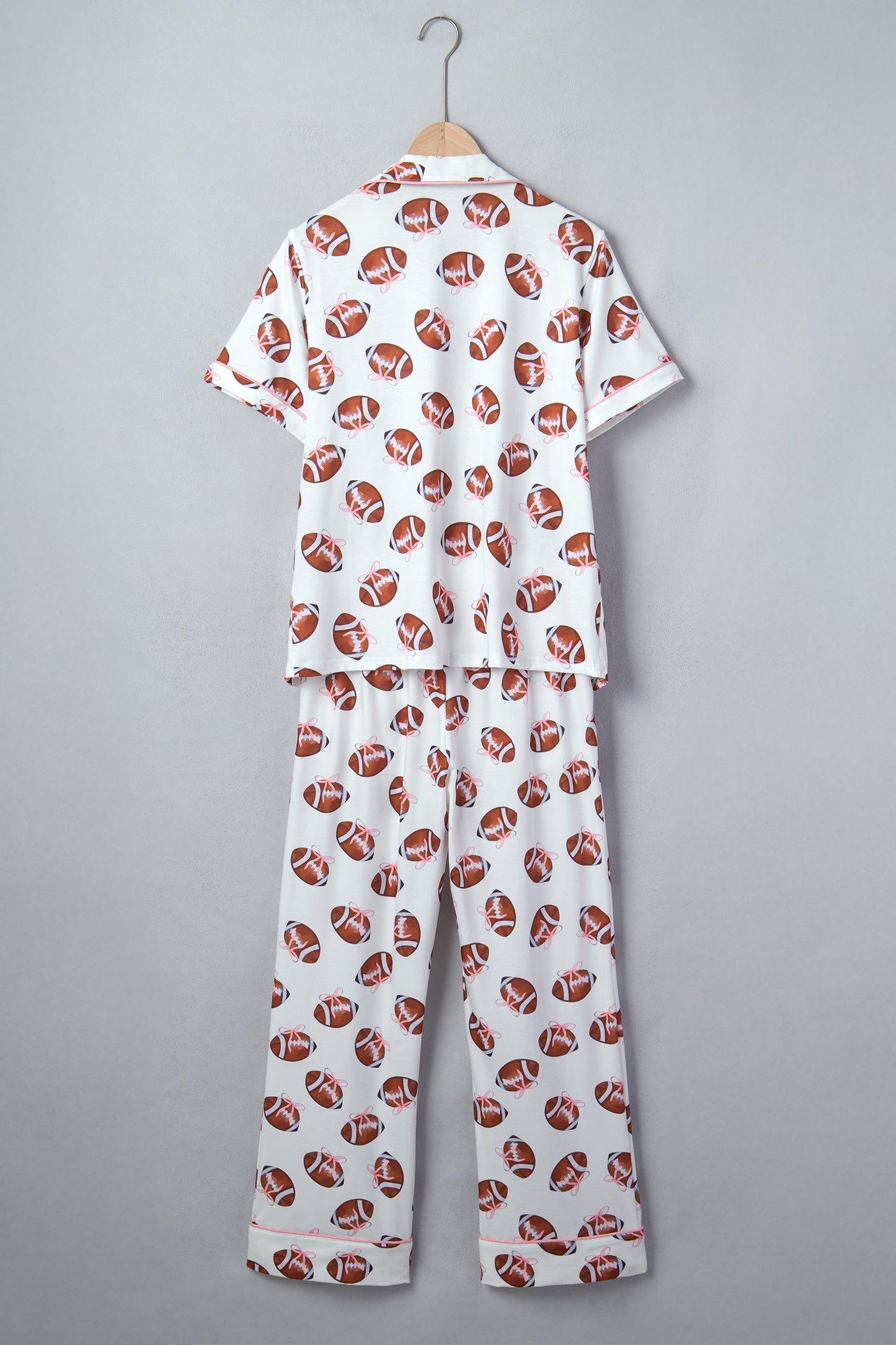 White Rugby Print Short Sleeve Button Down Top Loose Pants Game Day Pajama Set