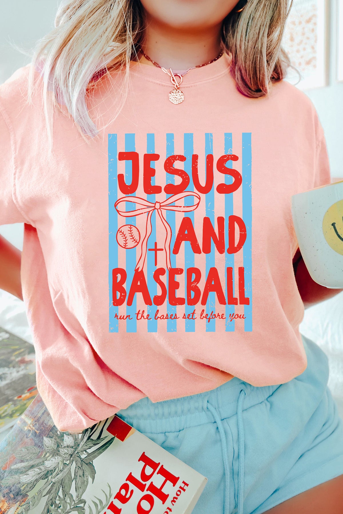Pink JESUS AND BASEBALL Coquette Striped Print T Shirt