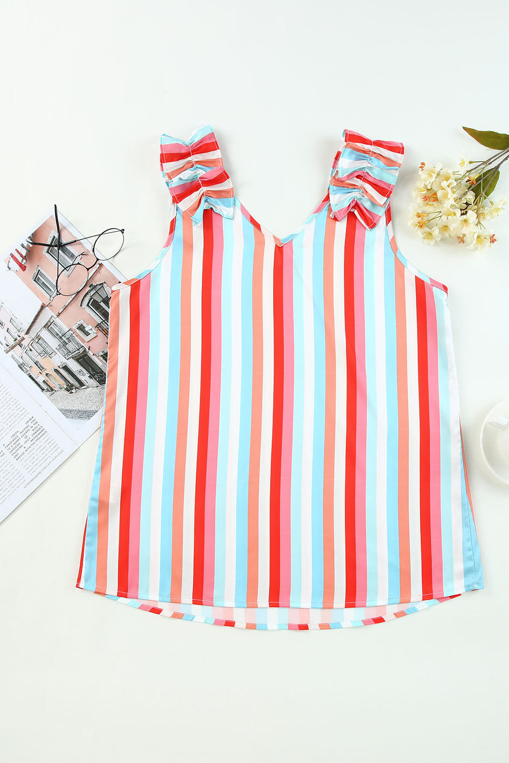 Multicolor Striped V Neck Ruffle Straps Tank Top