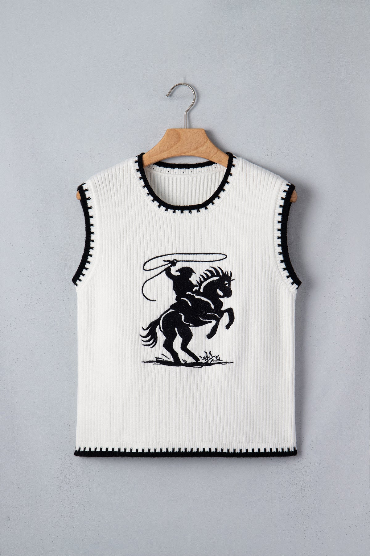 White Contrast Trim Round Neck Rodeo Cowboy Sweater Vest