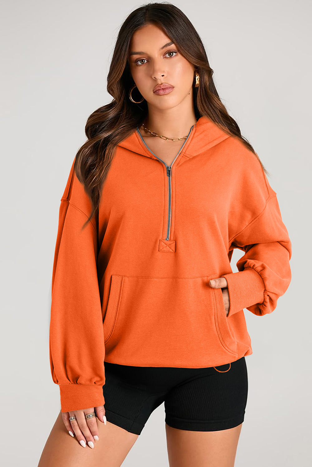 Bonbon Solid Kangaroo Pocket Half Zipper Oversized Hoodie