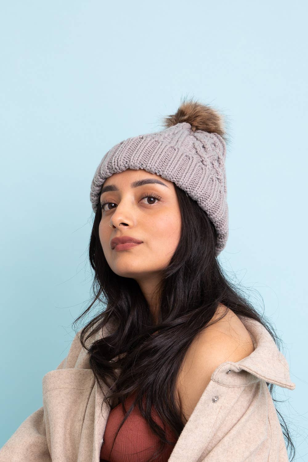 Cable Knit Beanie With Faux Fur Pom - Styled for Panache ❄️