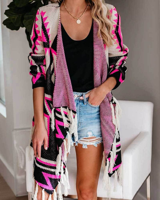 Printed Cardigan Fringe Long Sleeve Jacket