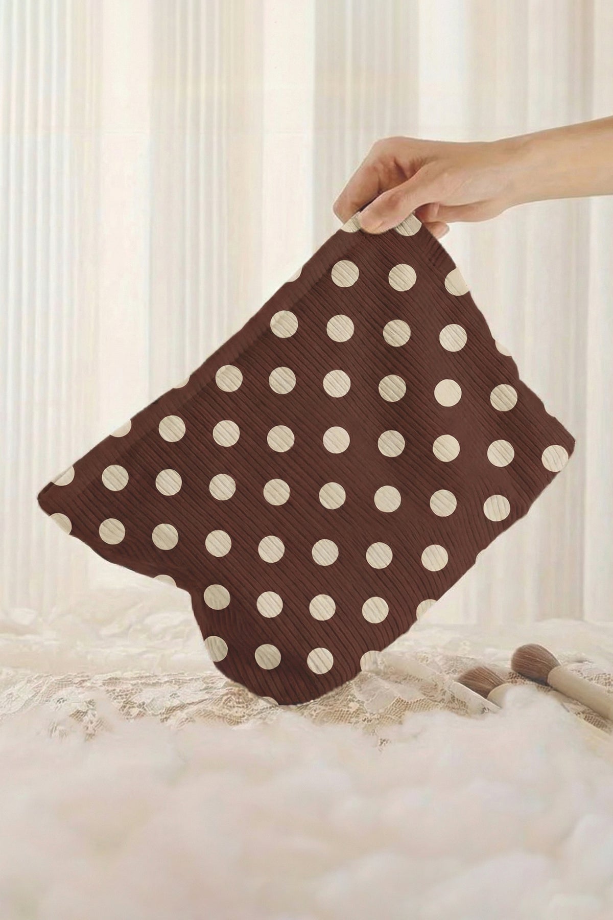 Coffee Polka Dot Printed Corduroy Storage Makeup Bag