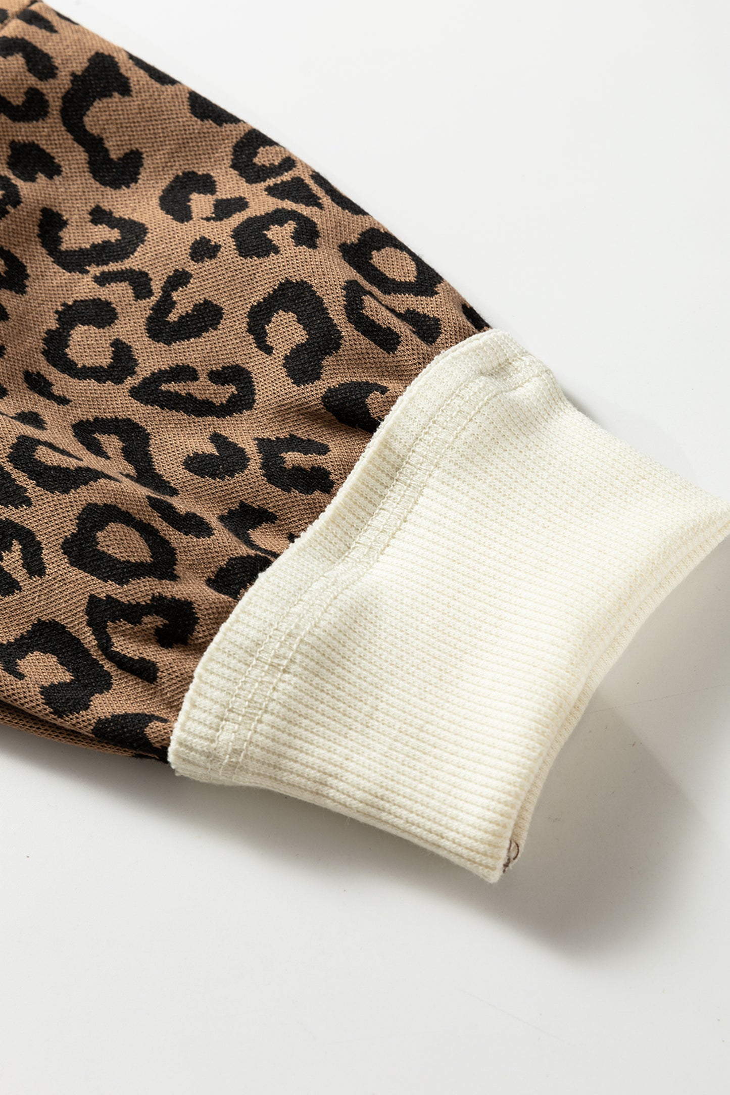 Beige Raw Seam Color Block Leopard Patchwork Baggy Long Sleeve Top