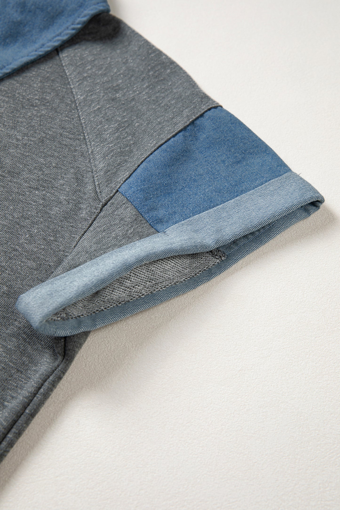 Light Grey Denim Color Block Patchwork Shirt Collar Short Sleeve Blouse