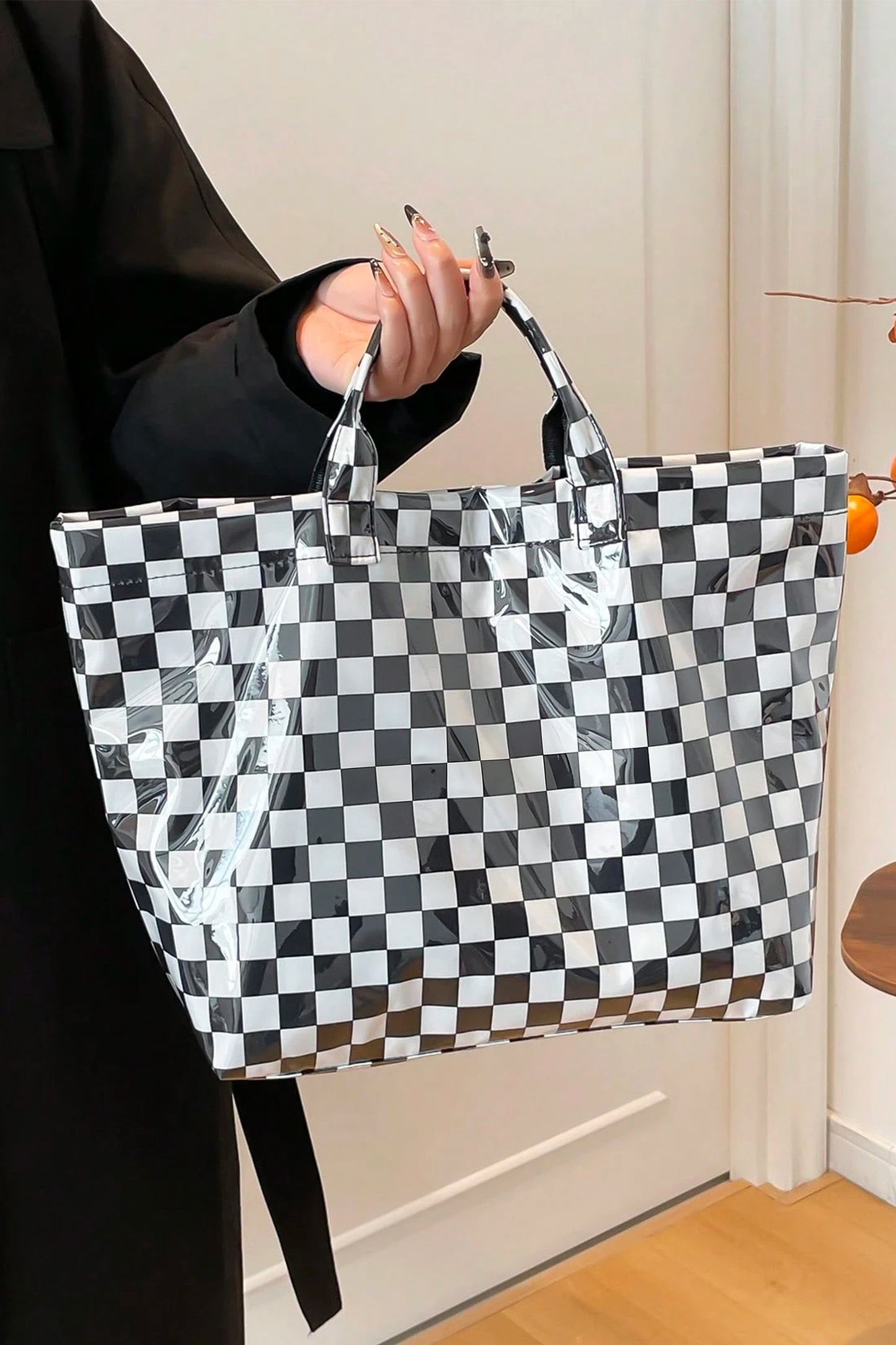 Color black Plaid Pattern PVC Glossy Waterproof Tote Bag