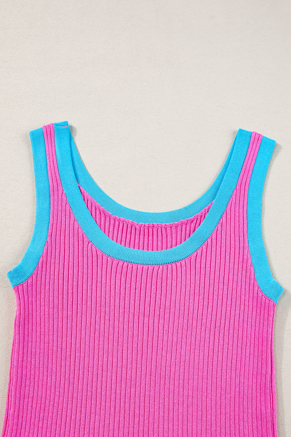 Blue Colorblock Edge Ribbed Knit U Neck Tank Top