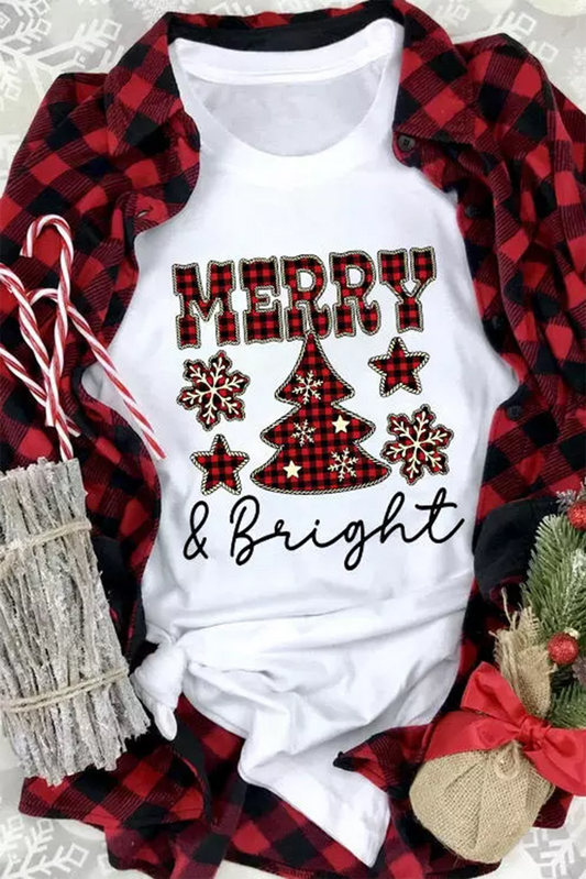 White MERRY and Bright Plaid Print Christmas Crewneck Graphic T Shirt