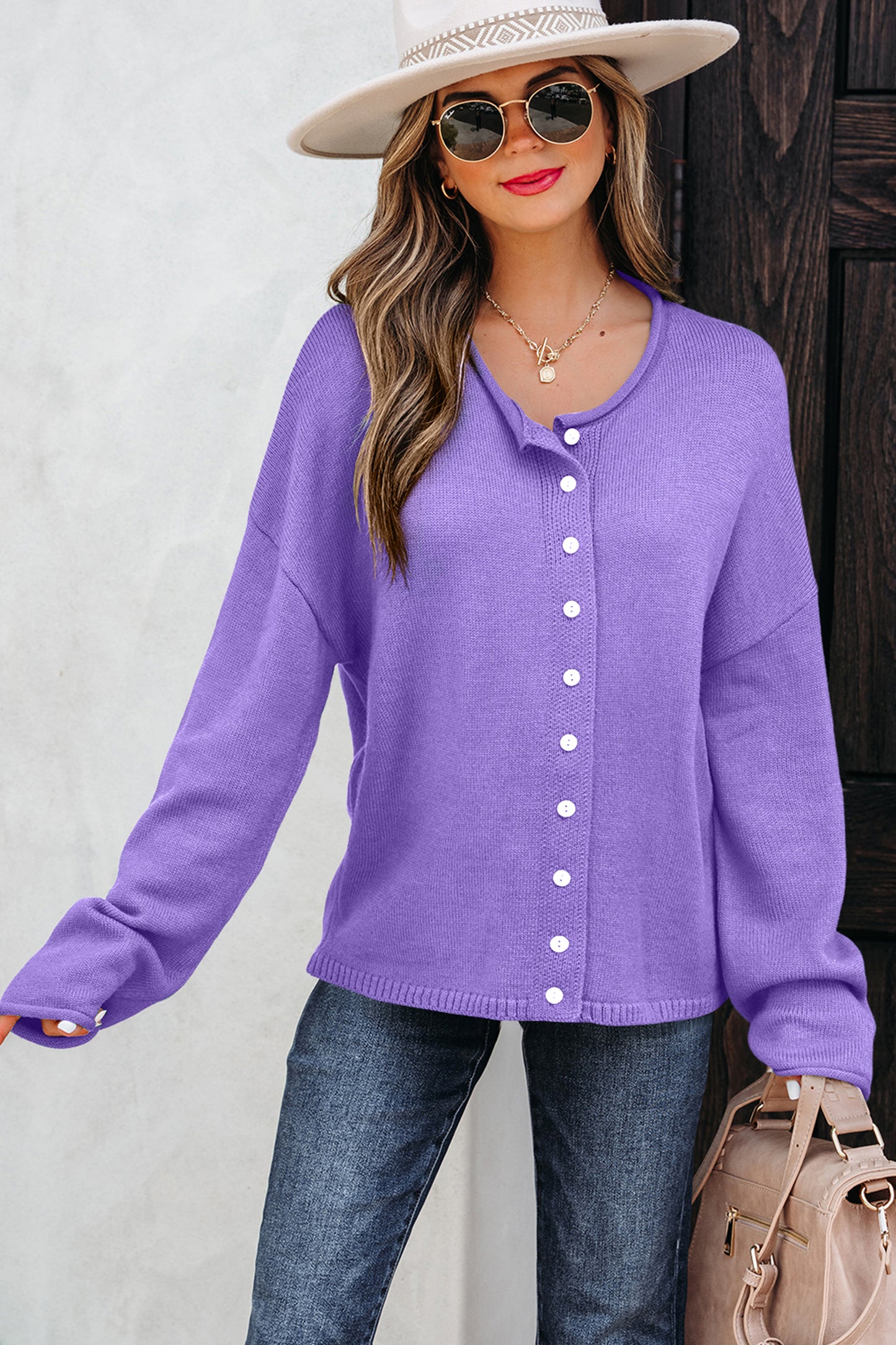 Bright Green Solid Color Knit Button Drop Shoulder Sweater Cardigan