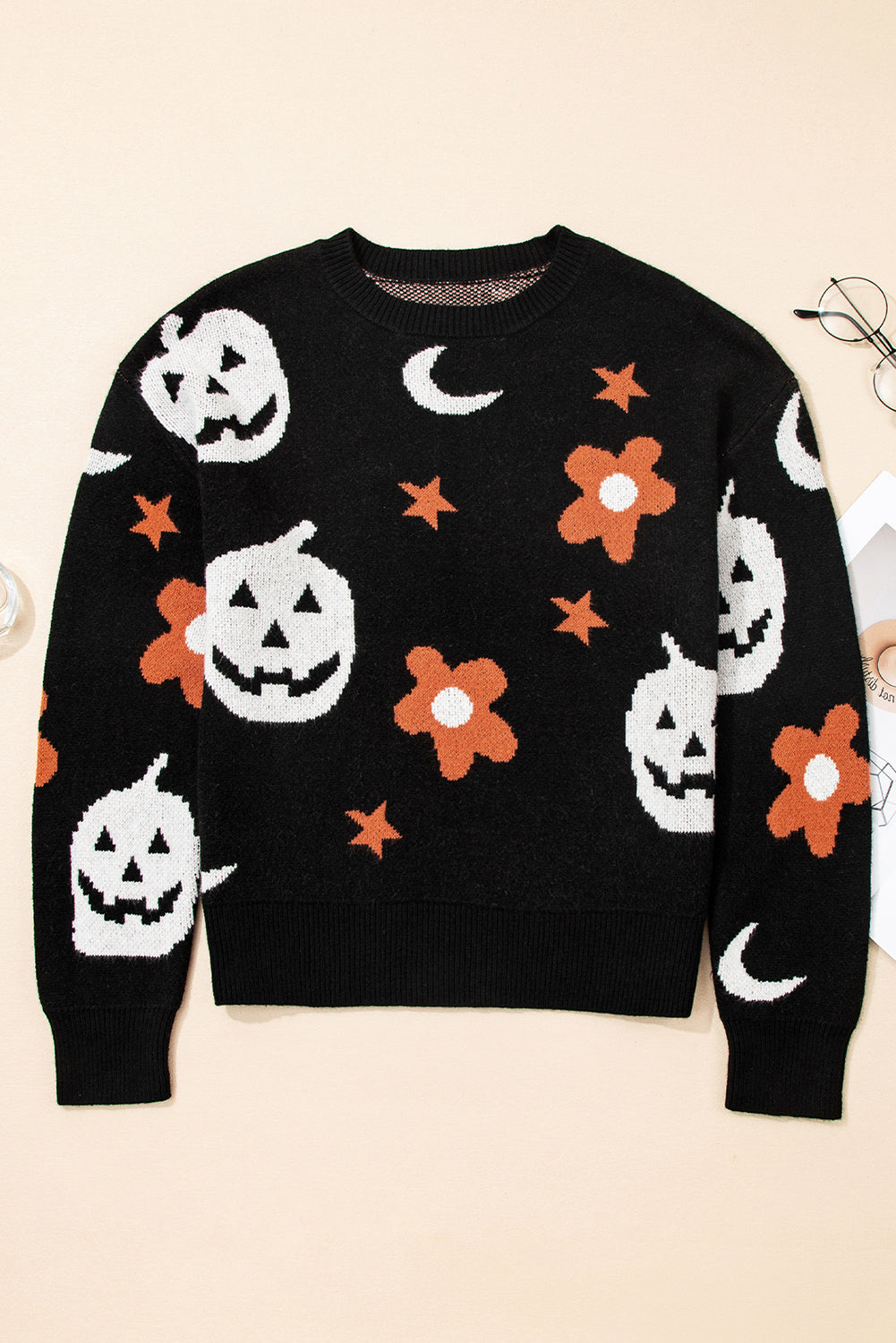 Black Halloween Mythical Night Pattern Drop Shoulder Sweater