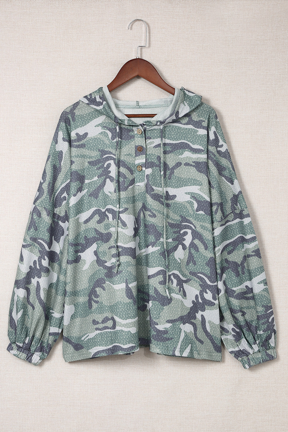 Green Camo Print Button Front Oversize Hoodie