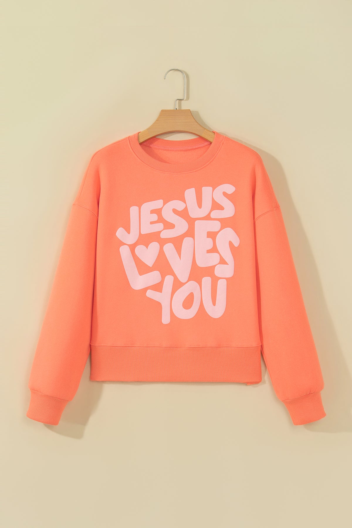Grapefruit Orange JESUS LOVES YOU Puffy Letter Graphic Sweatshirt