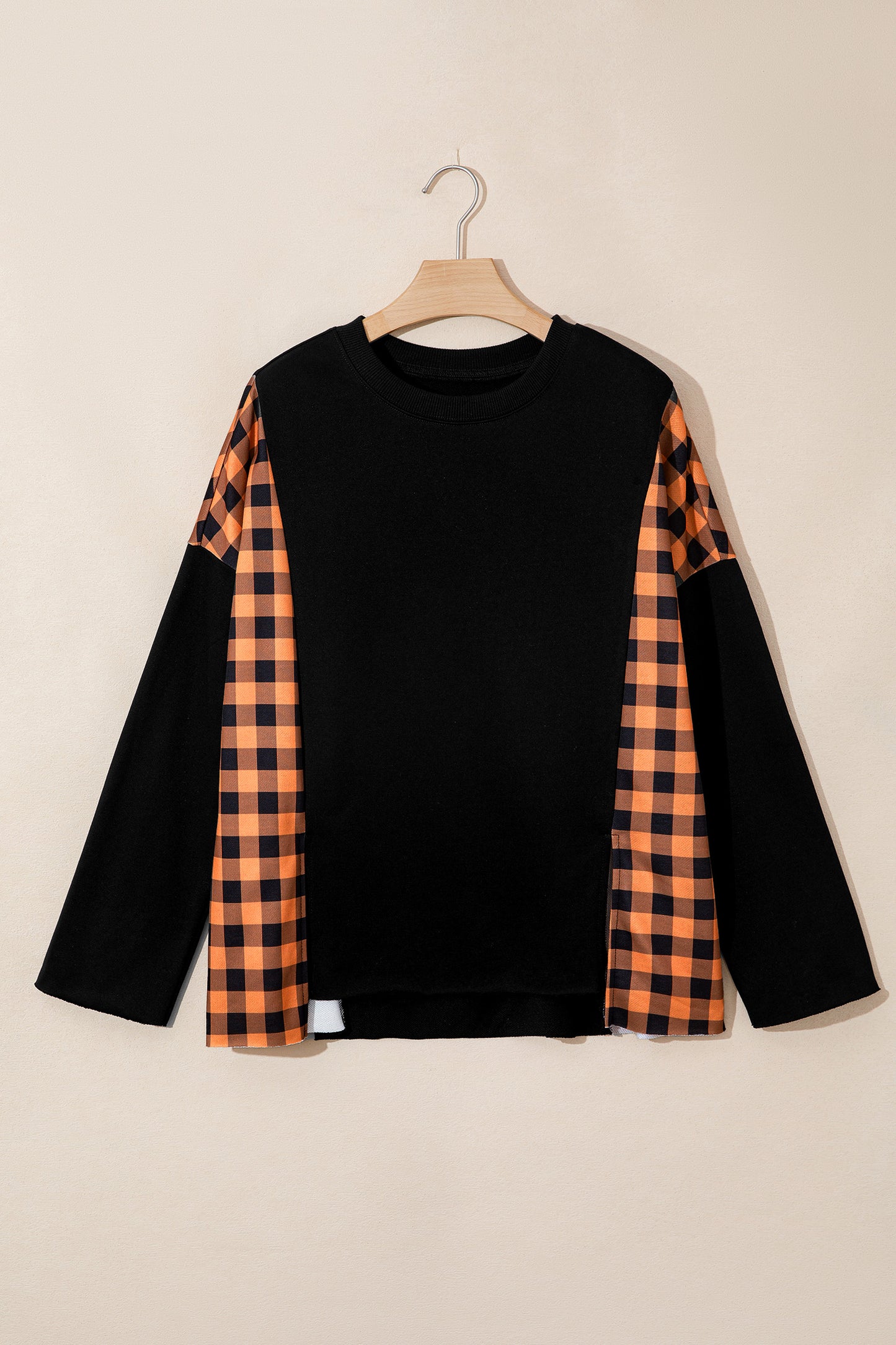 Black Patchwork Plaid Pumpkin Face Long Sleeve Top