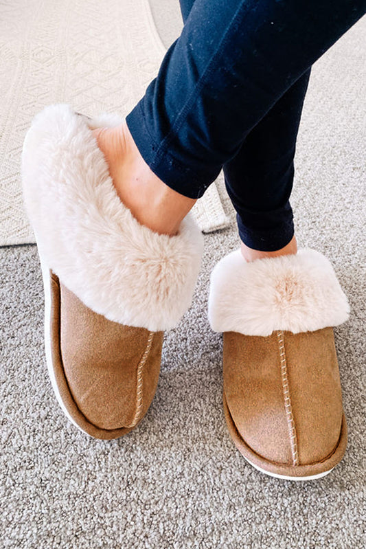 Camel Plush Suede Winter Home Slippers