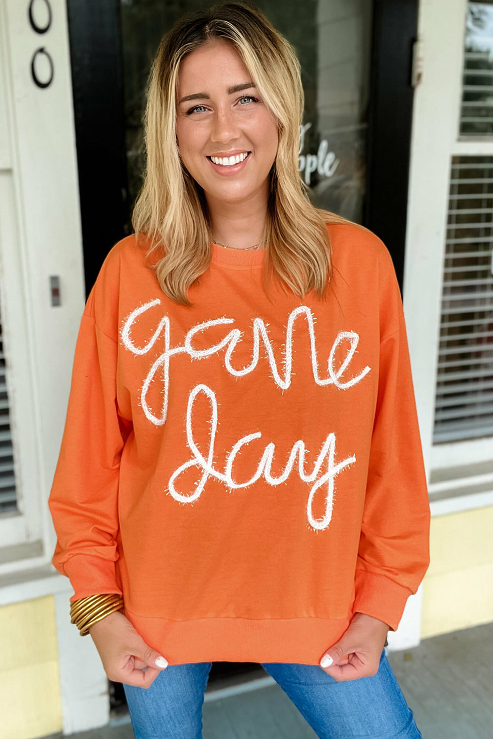 White Tinsel Game Day Drop Shoulder Graphic Sweatshirt