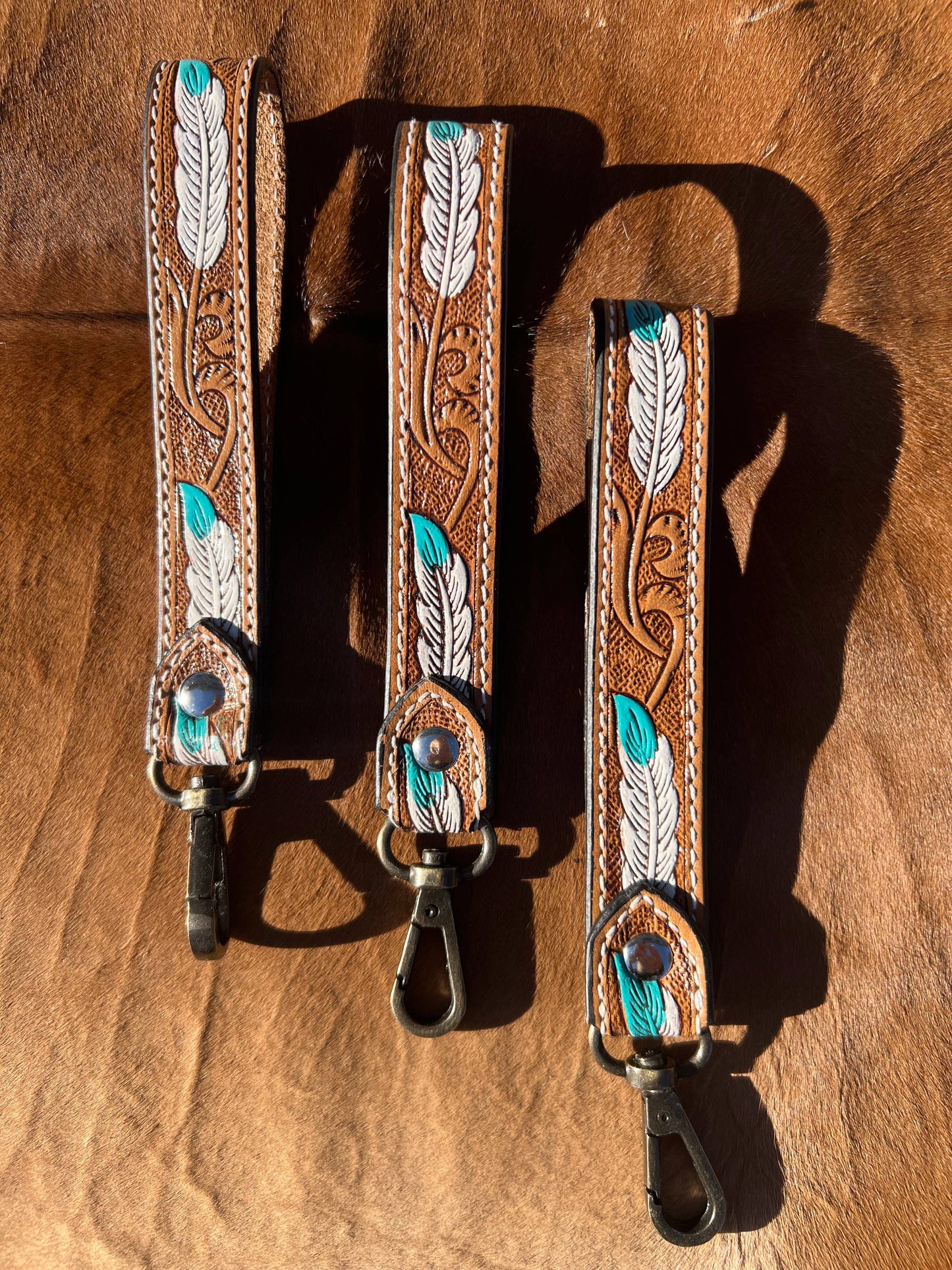 Tooled Leather Western Feather Wrist Strap Keychain