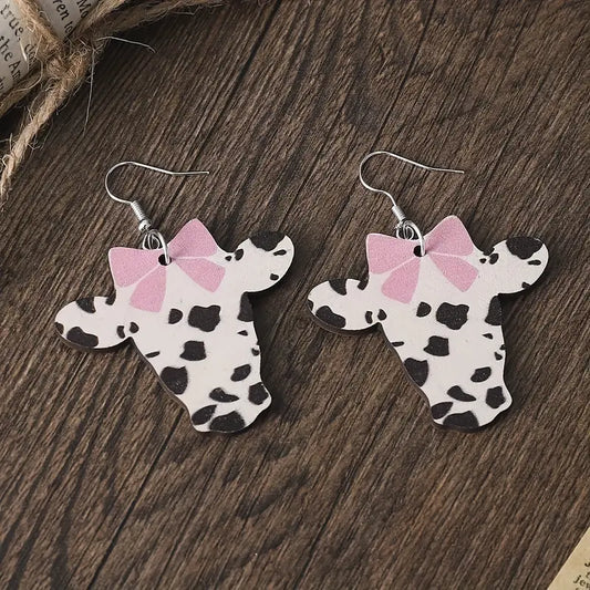 Pink Bow Cow Earrings