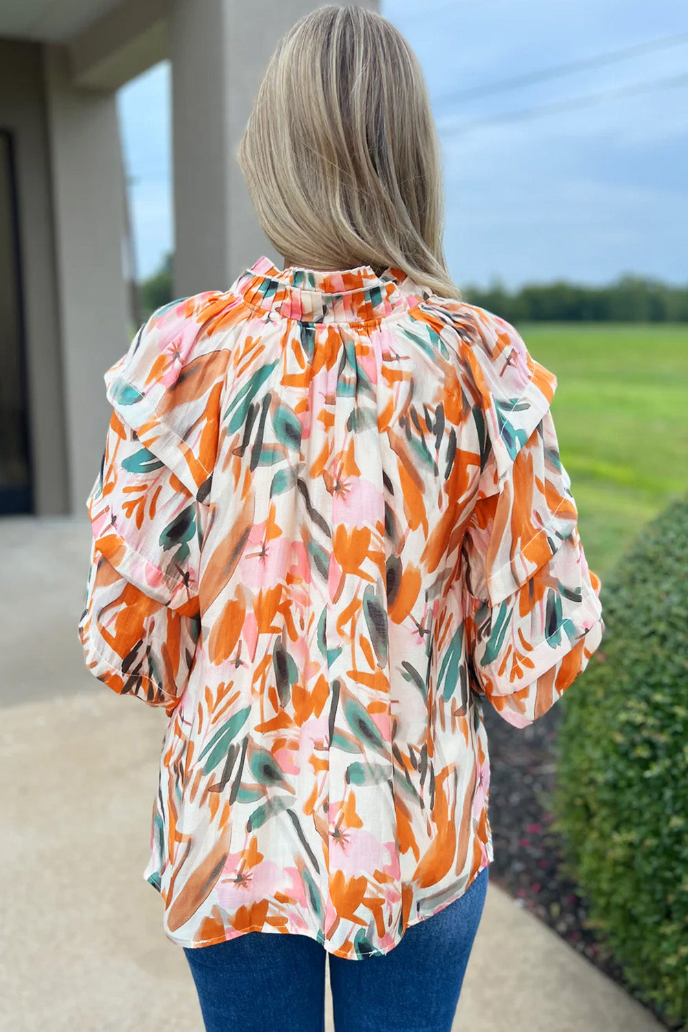 Yellow Abstract Print Drawstring Frill V Neck 3/4 Sleeve Blouse