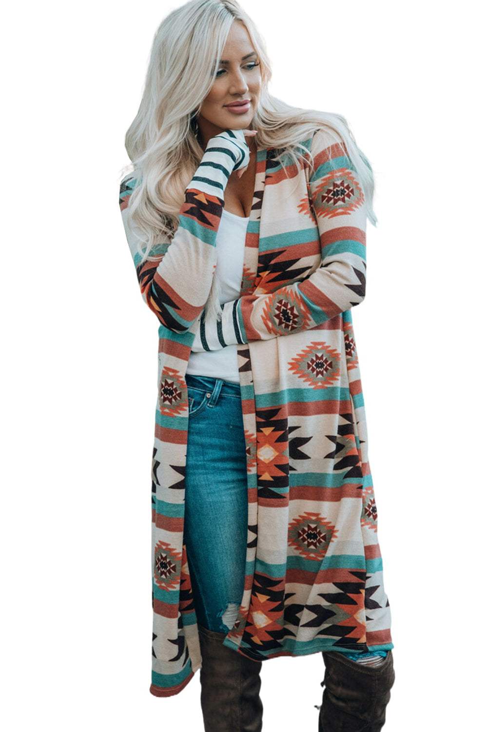 Multicolor Geometric Color Block Open Front Long Cardigan