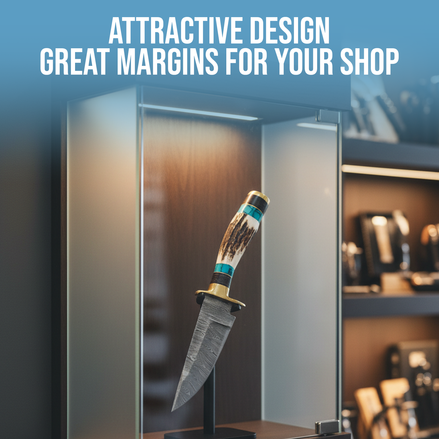 8' Damascus knife with leather sheath, Horn handle