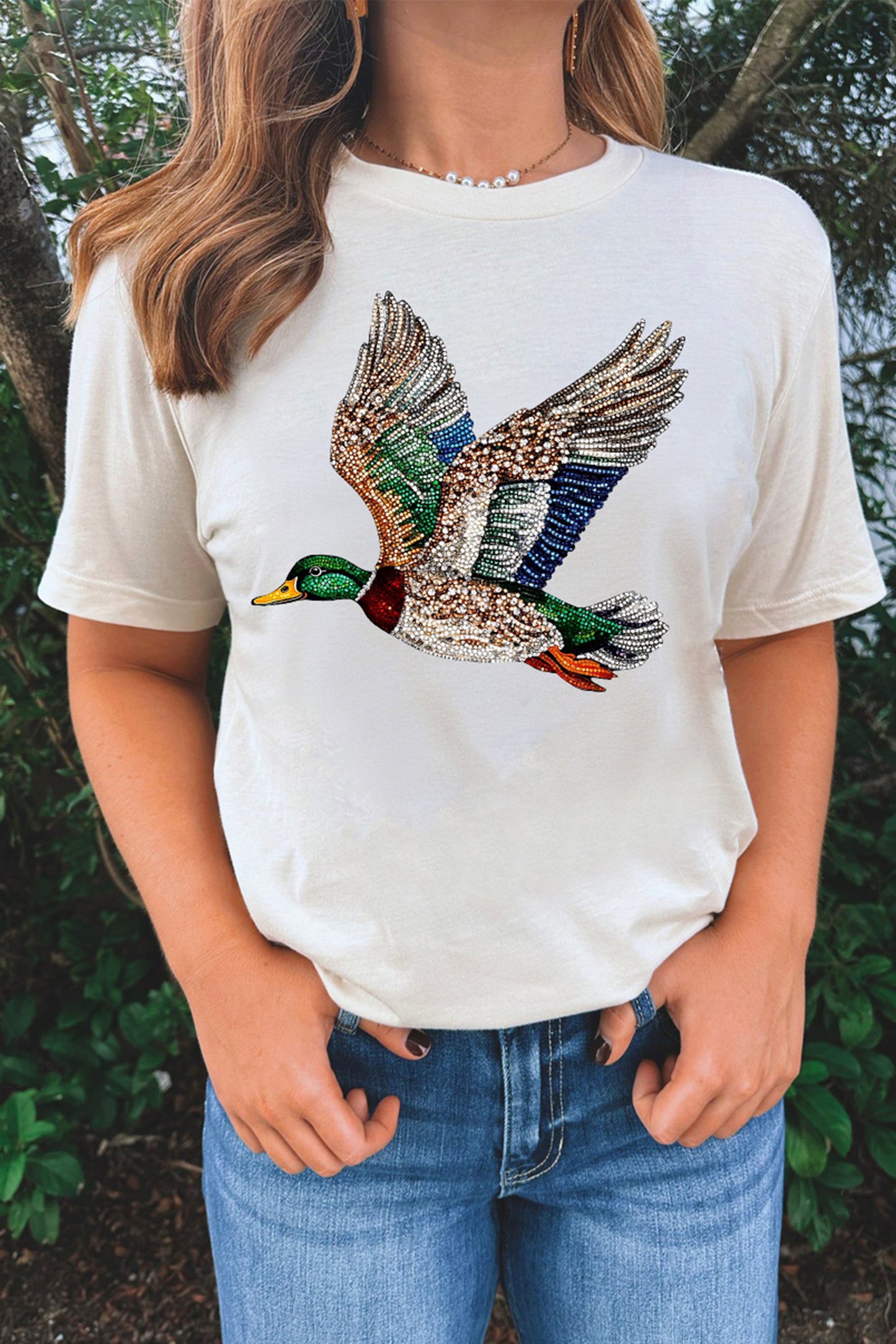 White Flying Mallard Print Crew Neck T Shirt