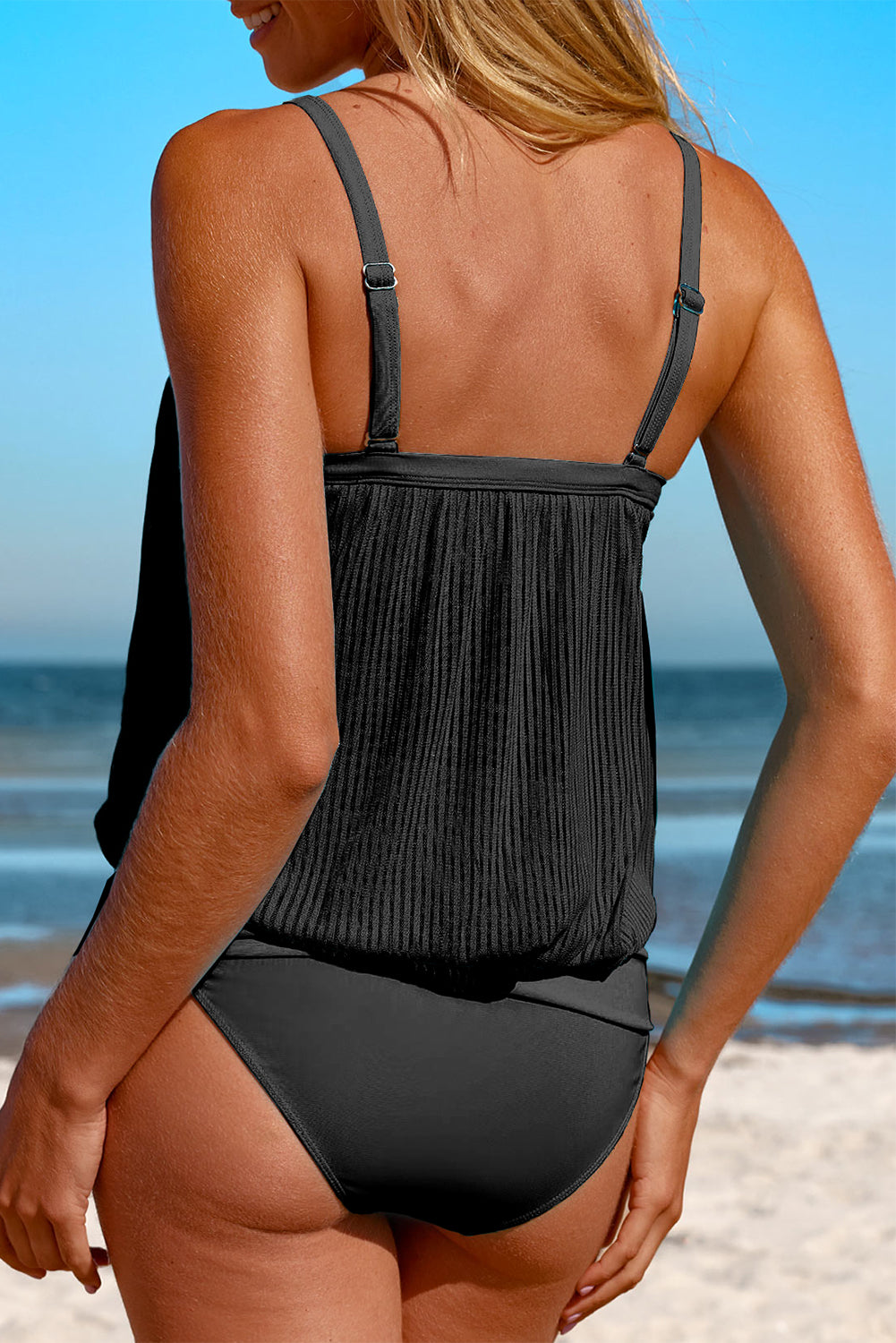 Pink Striped Mesh Knotted Hem Tankini Swimsuit