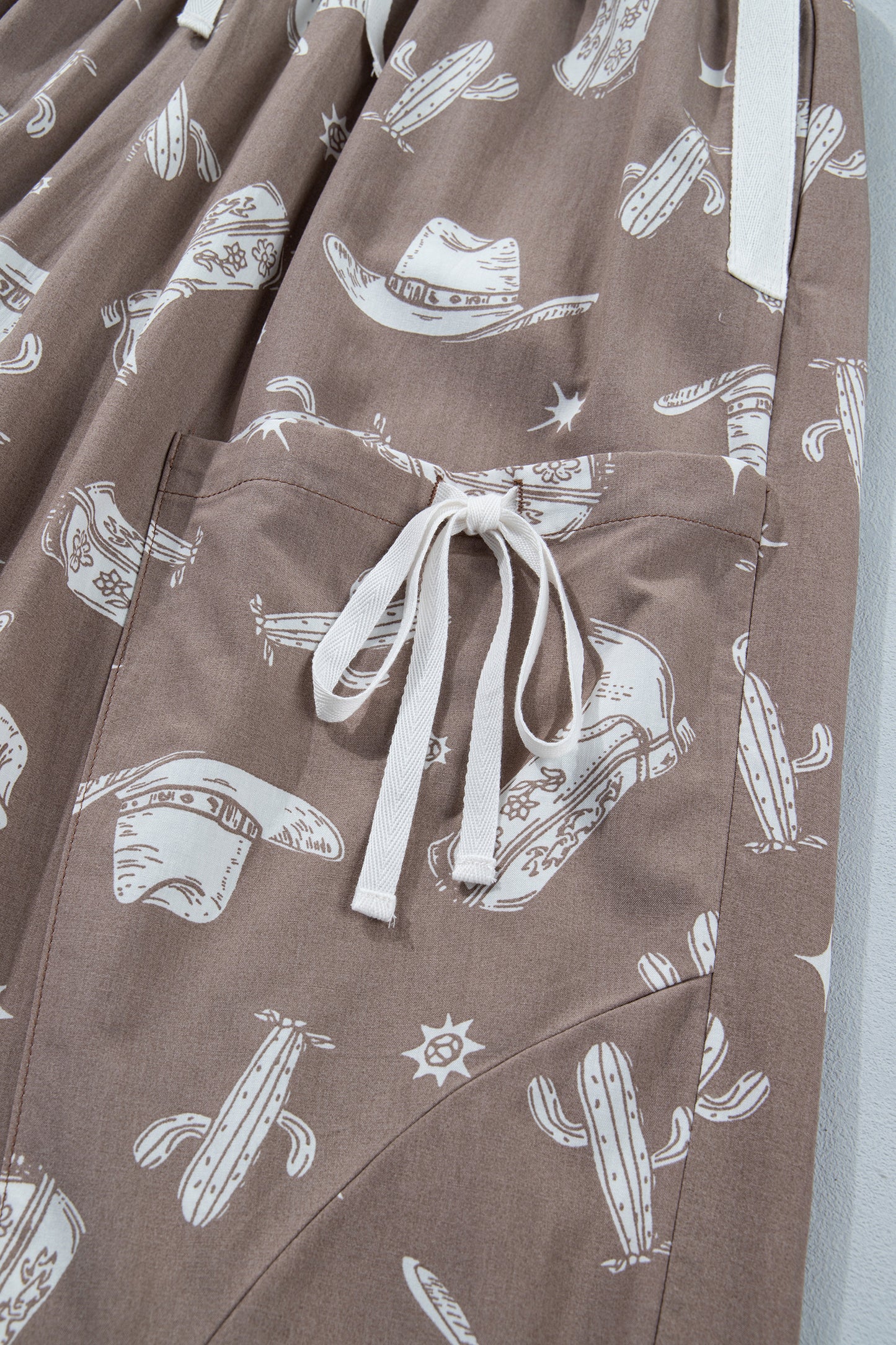 Khaki Western Cactus Cowgirl Hat Boot Printed Vintage Drawstring Jogger Pants