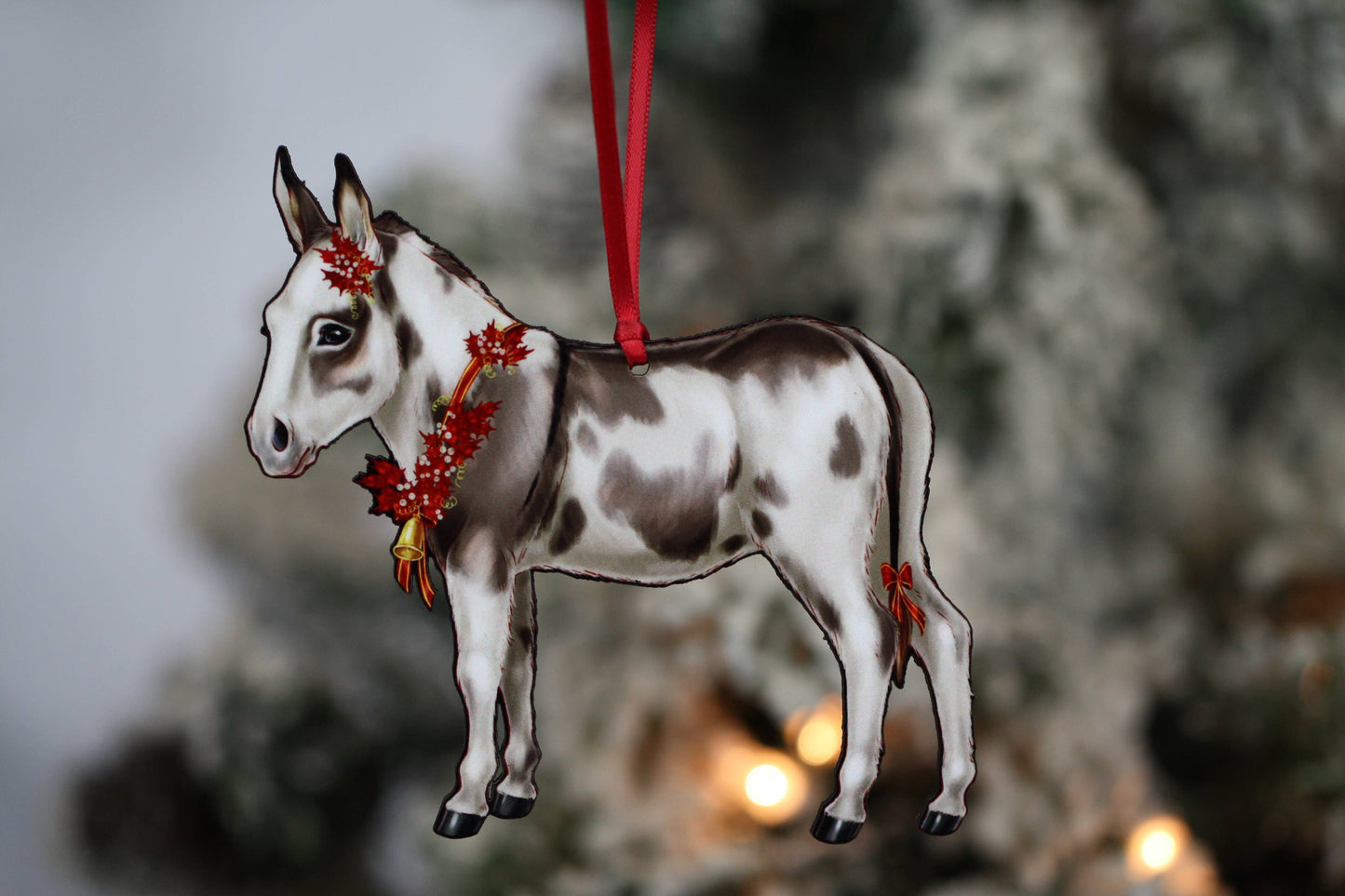 Spotted Gray and White Miniature Donkey Christmas Ornament