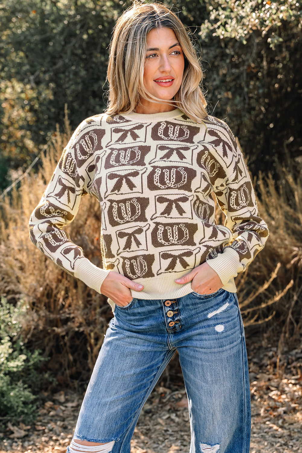 Pink Bows & Horseshoes Pattern Western Fashion Print Sweater