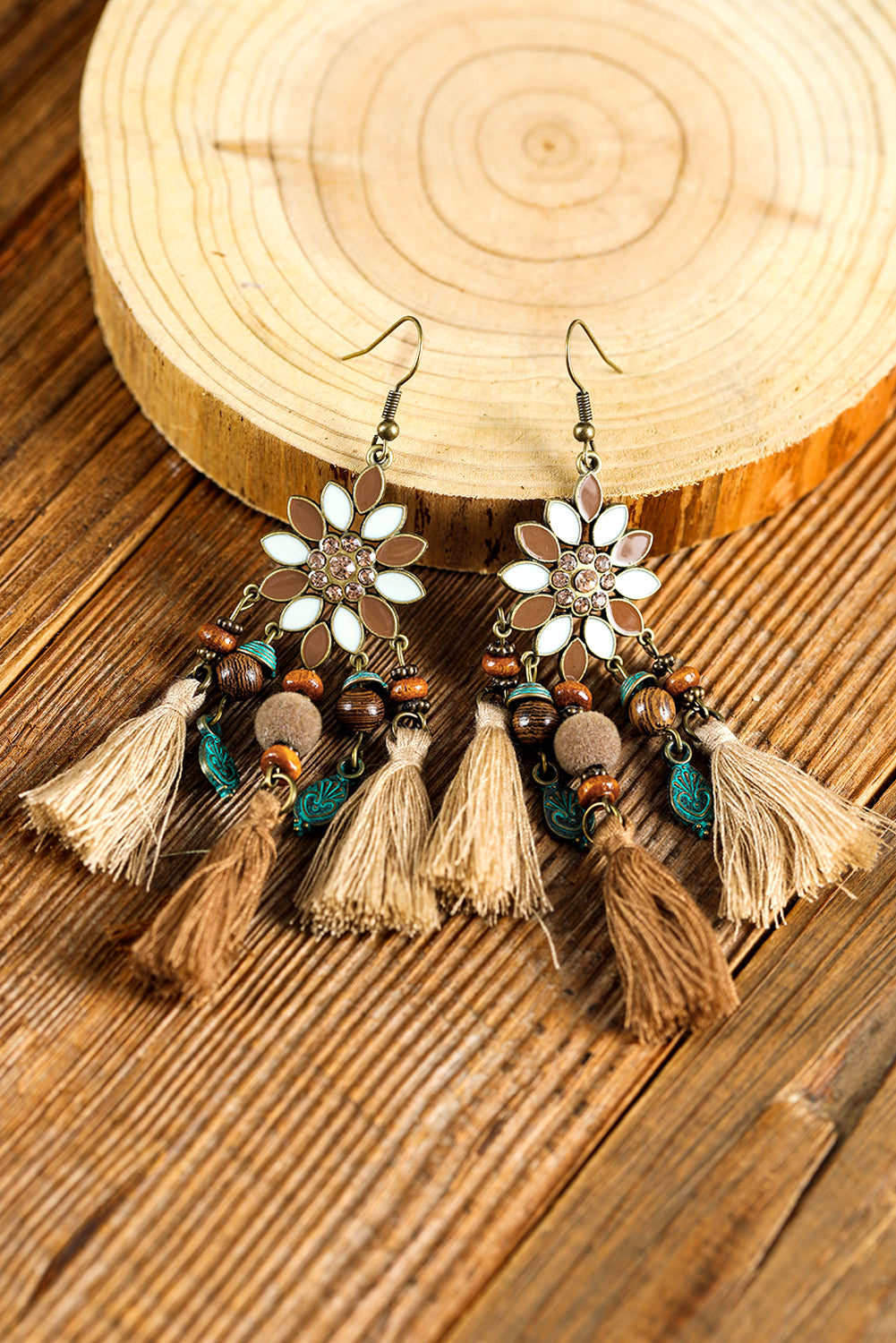 Chestnut Boho Bead Tassel Dangle Earrings