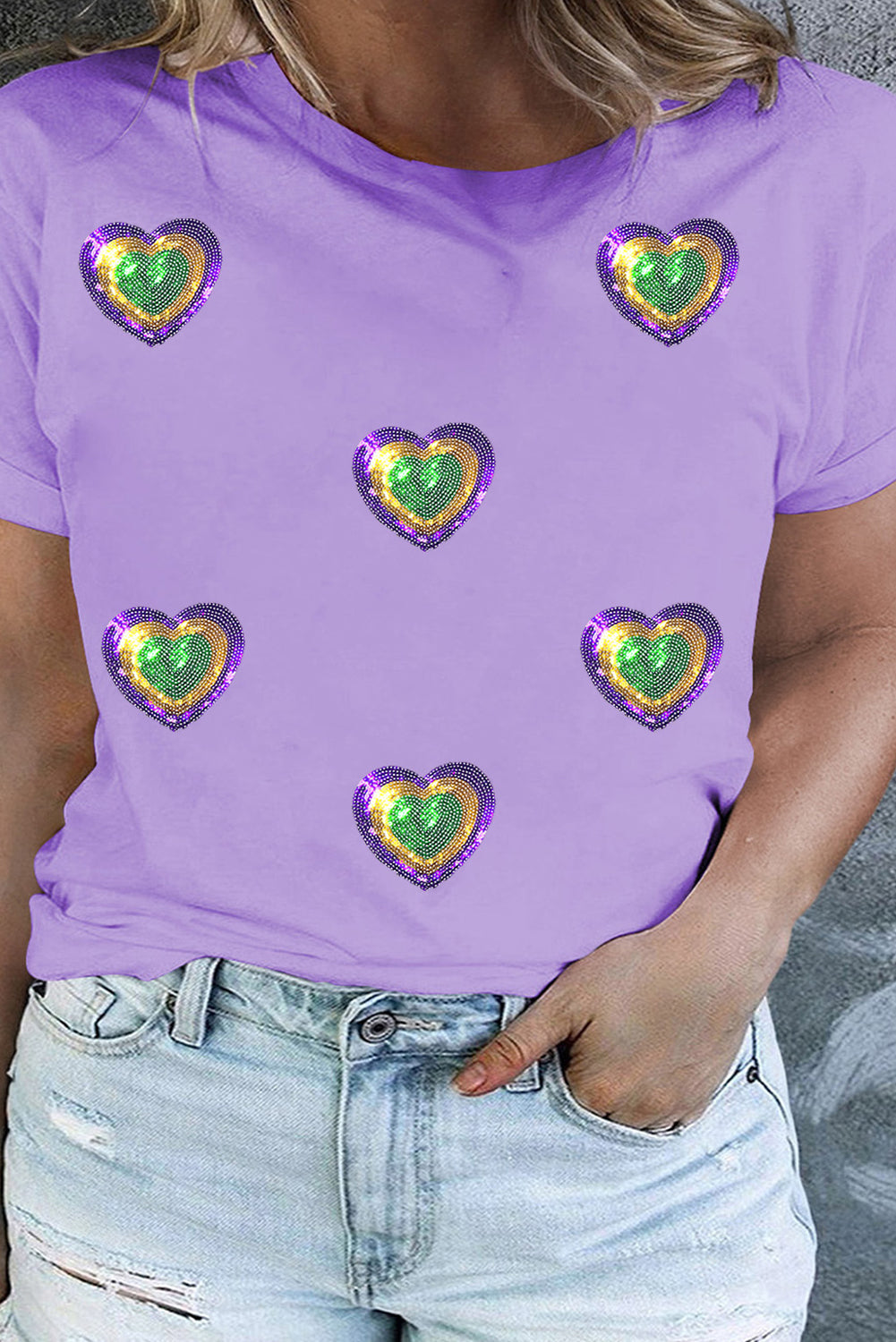 Orchid Petal Mardi Gras Sequin Heart Patched Plus Size Graphic Tee