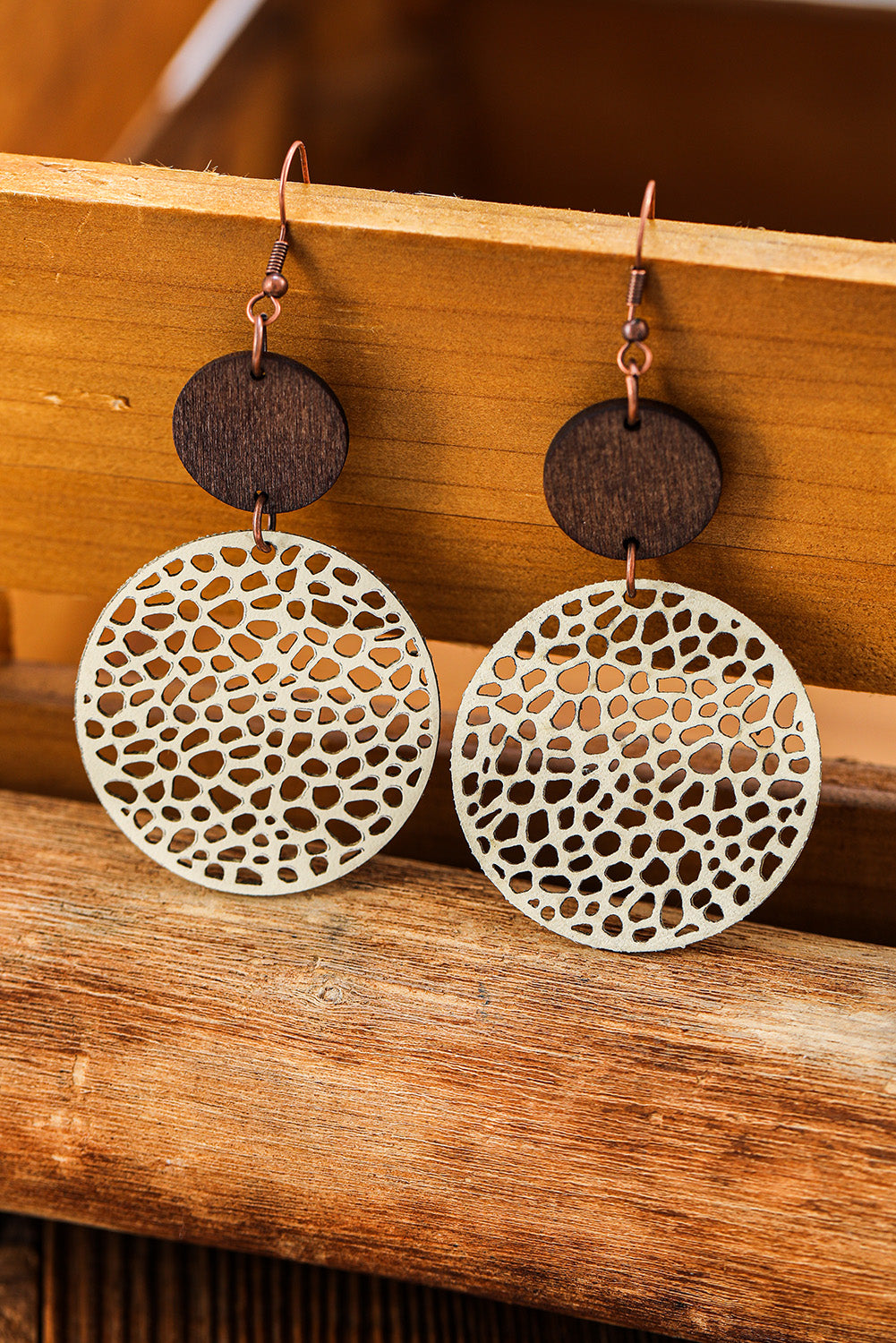 Black Hollow Out Wooden Round Drop Earrings