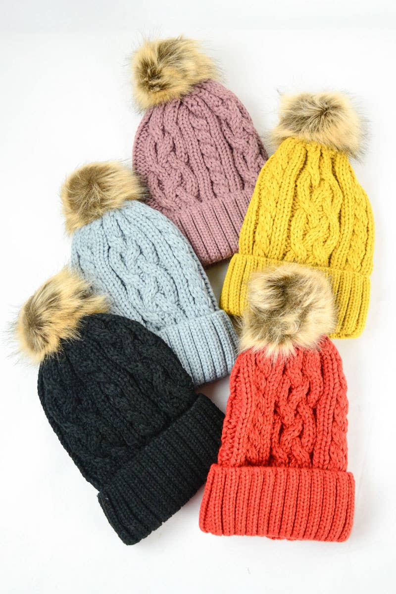 Cable Knit Beanie With Faux Fur Pom - Styled for Panache ❄️