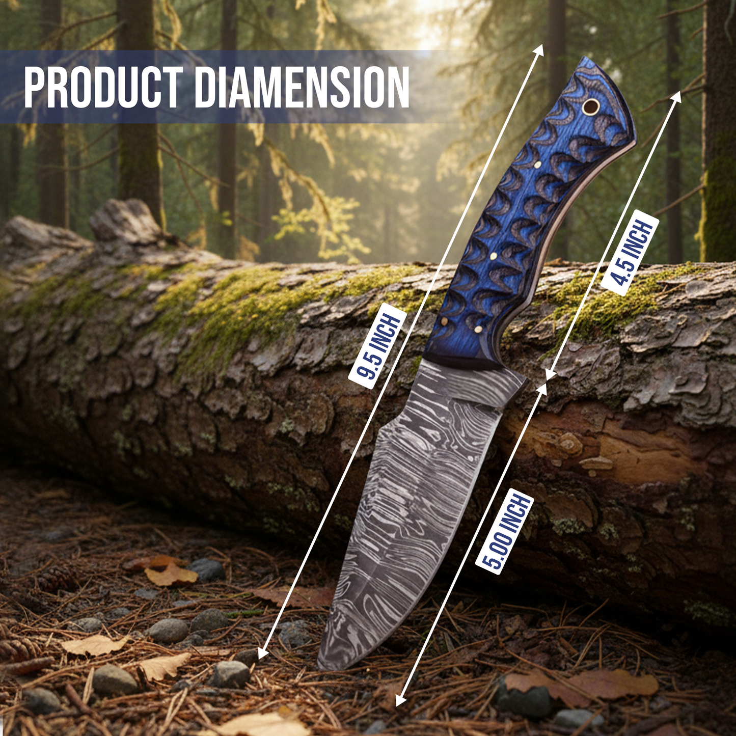 9.5' Grooved handle Damascus knife with leather sheath