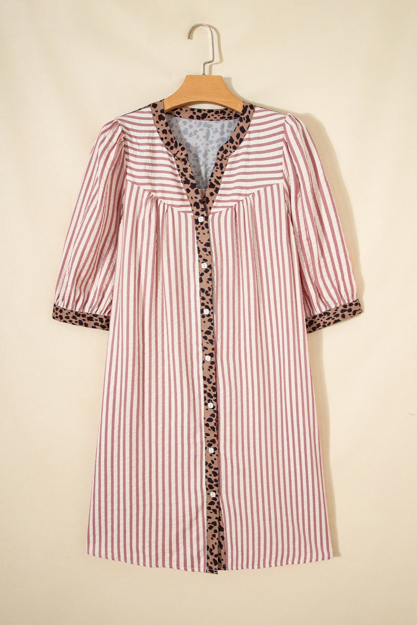 Khaki Stripe Square Button Leopard Trim Loose Bracelet Sleeve Shirt Dress