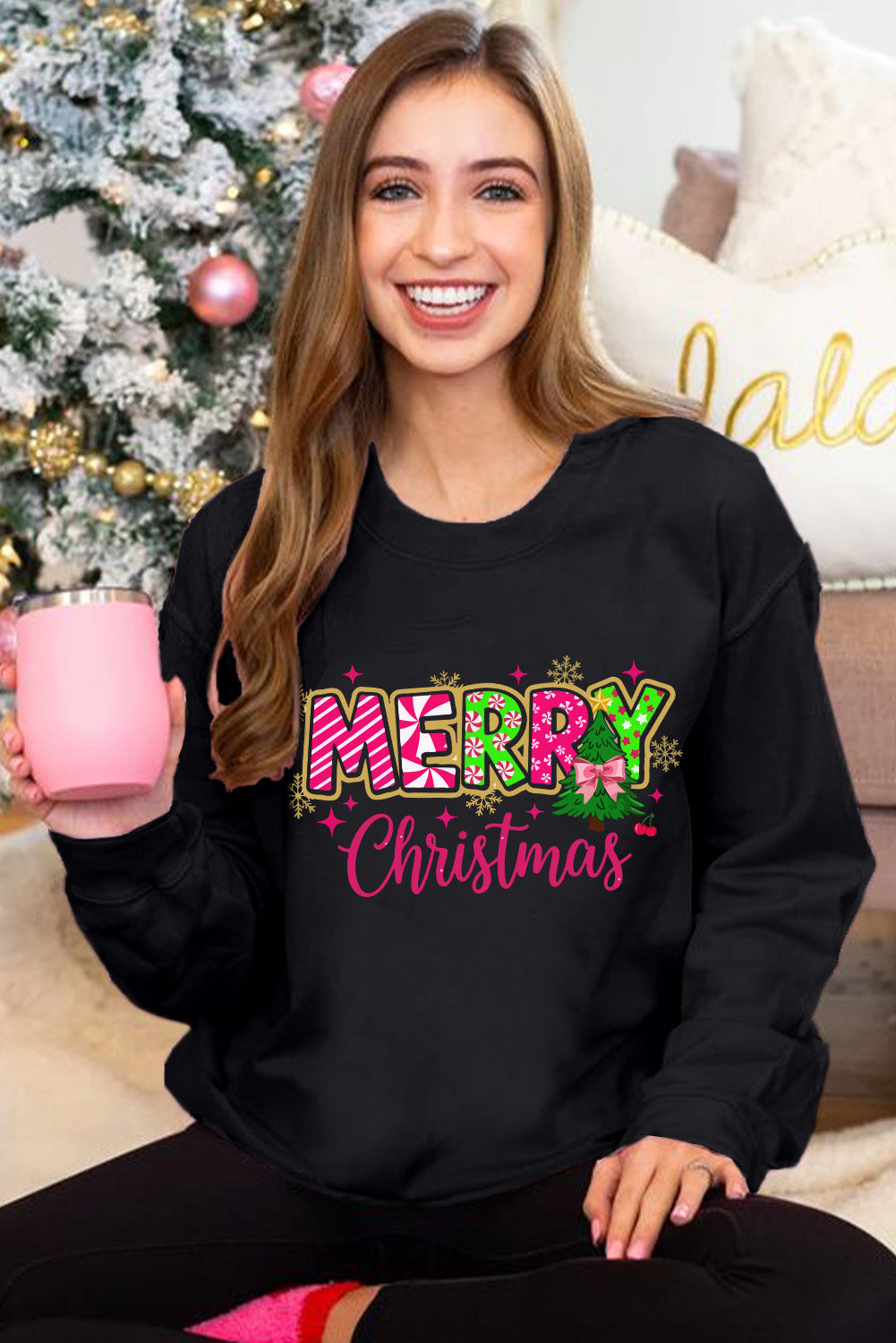 Black MERRY Christmas Playful Letter Print Drop Shoulder Sweatshirt