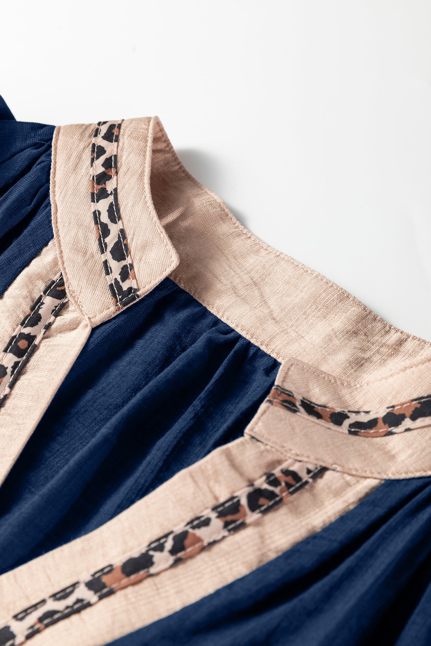 Violet Leopard Trim V Neck Flounced Bracelet Sleeve Blouse