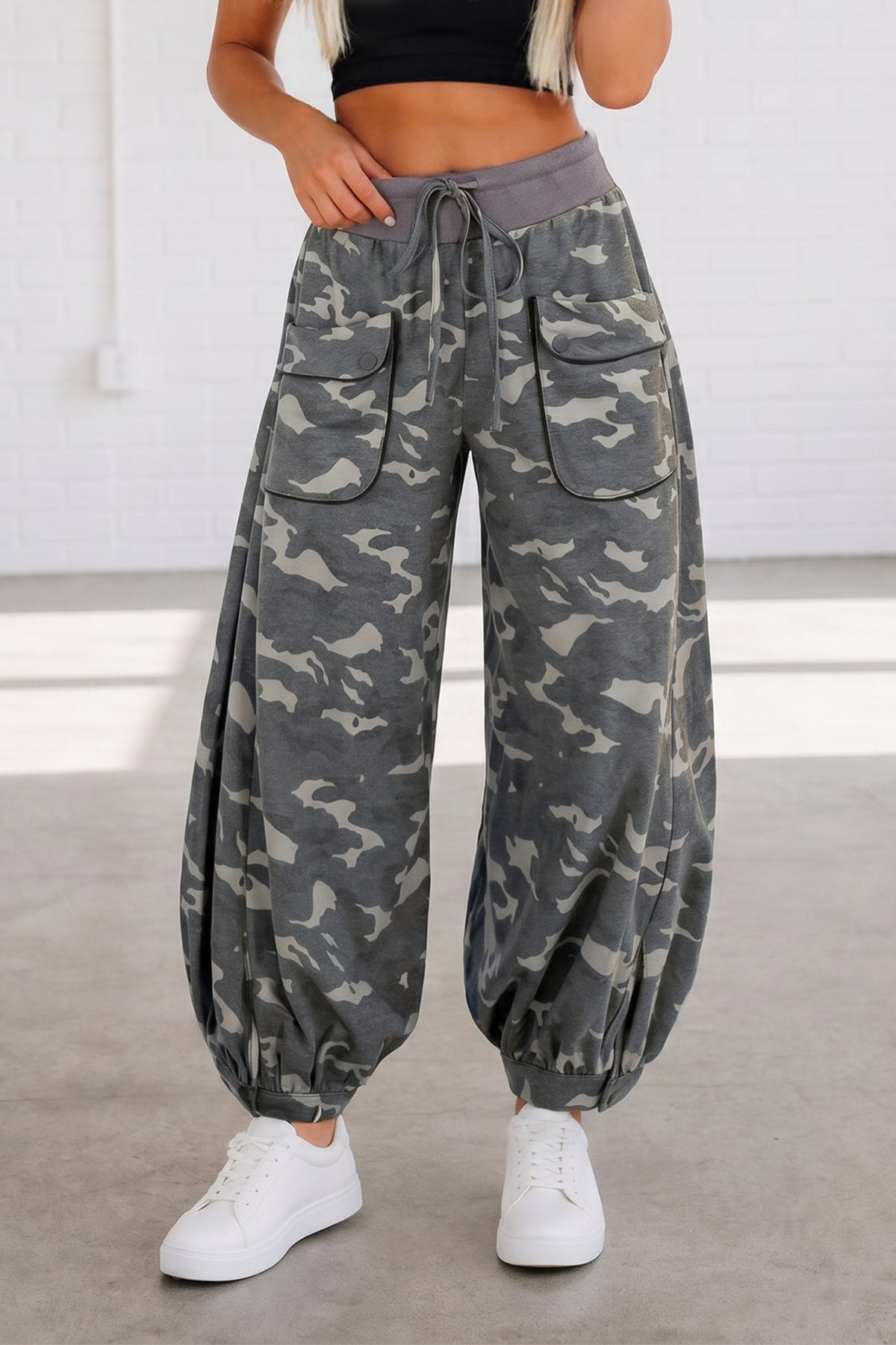 Khaki Drawstring Contrast Waistband Camouflage Joggers Pants