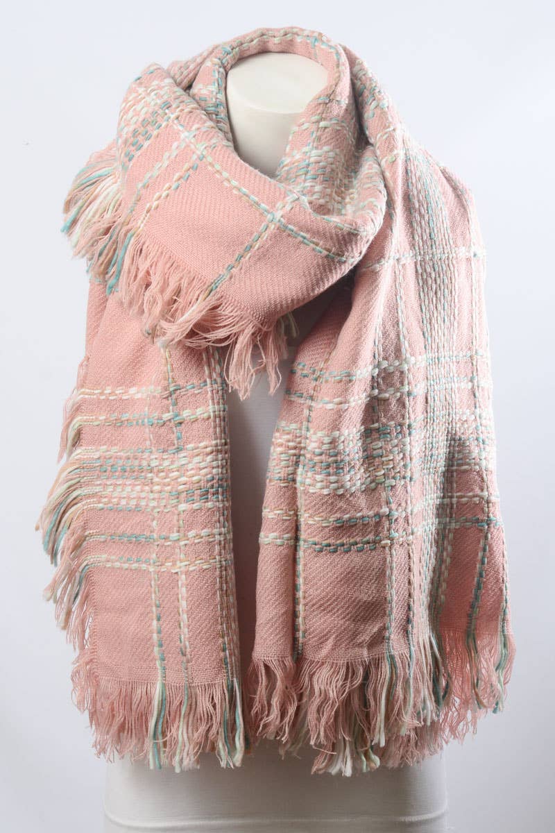 Pink Chunky Multi Colored Plaid Stitch Scarf